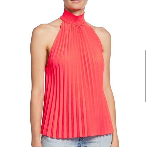 A.L.C. NWT Imani Top 4 Pleated Mock Neck Bright Coral Sleeveless Pullover Blouse - Picture 1 of 16